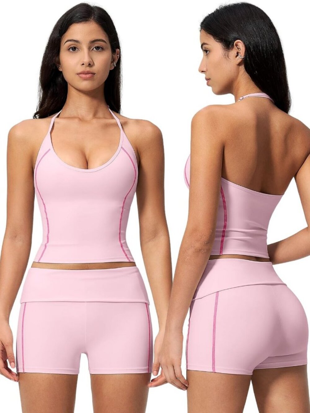 Stylish 2-Piece Women's Workout Set | Halter Sports Bra & Biker Shorts Combo